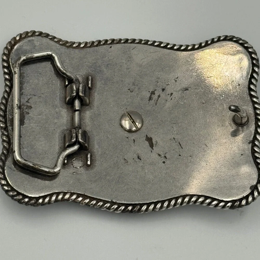 Western Horse Belt Buckle Silver Tone‎ Floral Engraved Rhinestone Border Rodeo